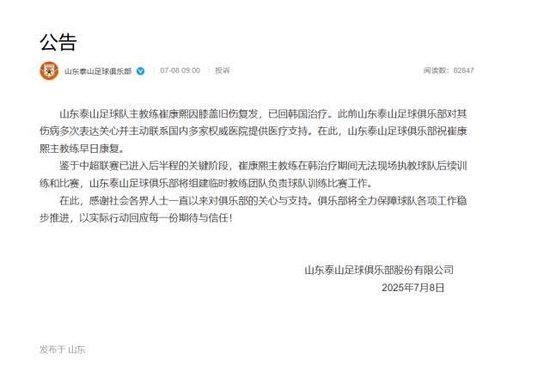 崔康熙膝伤复发返韩治疗 山东泰山临时教练组接管训练 崔康熙膝伤复发返韩治疗 山东泰山临时教练组接管训练