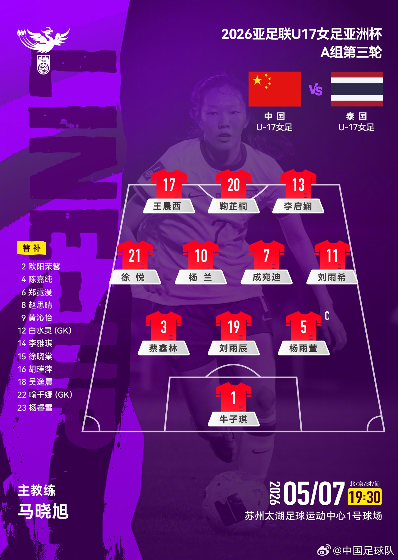 U17女足亚洲杯：中国女足vs泰国首发 三人轮换登场